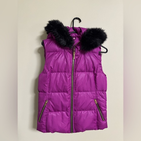 Juicy Couture Vest Fuchsia Purple Gold Zip Faux Fur Removable Hood Size Medium - Picture 1 of 10